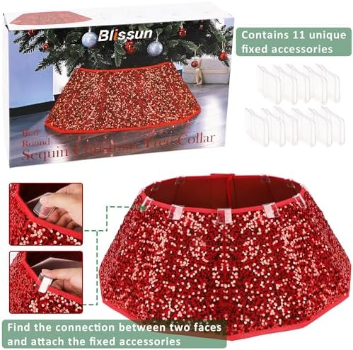 Blissun Christmas Tree Collar, Sequin Christmas Tree Skirt, Foldable Tree Ring, Xmas Tree Stand Base Cover for Christmas Tree Decoration, Round Red