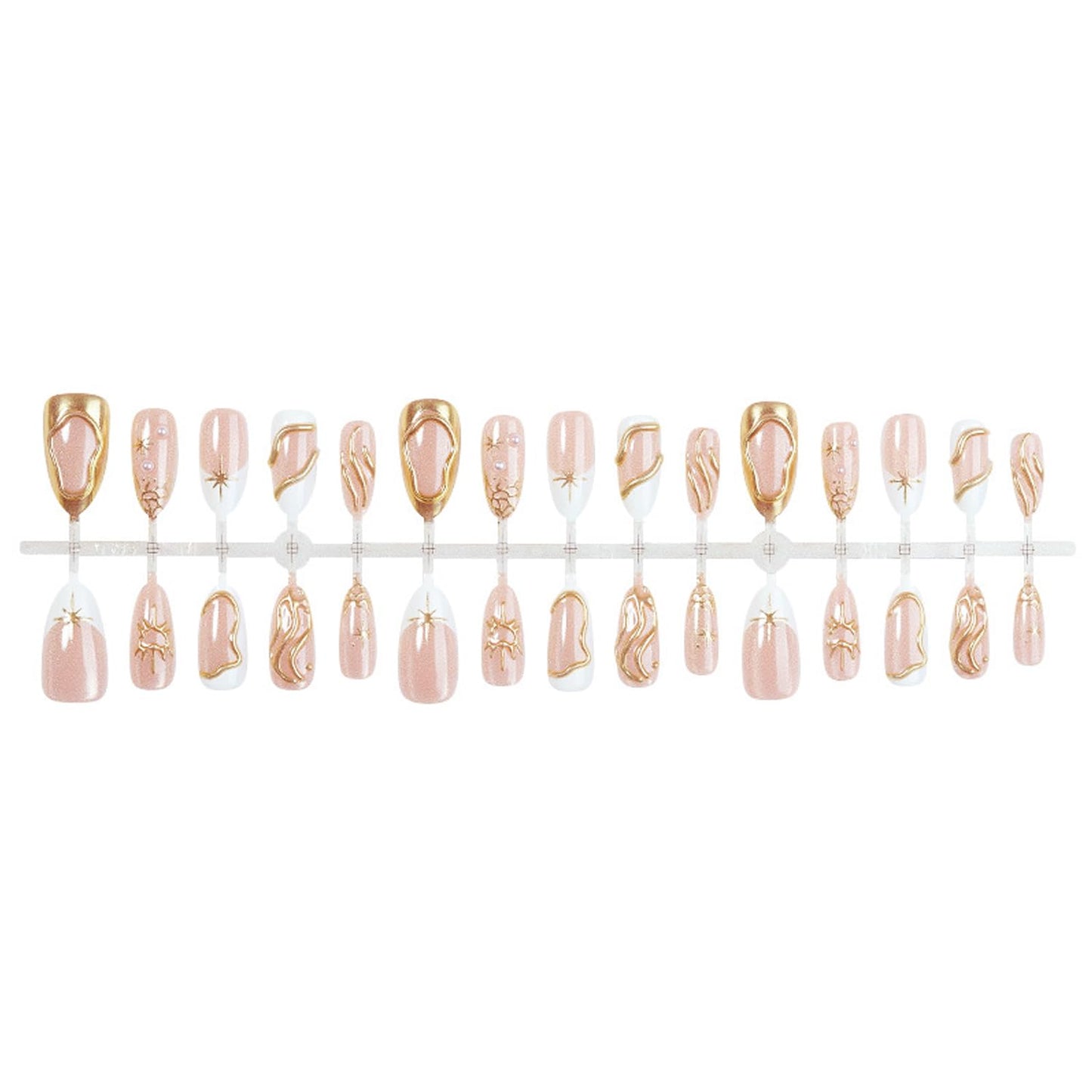 30pcs White French Tip Press on Nails 3D Gold Irregular Line Star Heart Design, Glossy Full Cover Acrylic False Nails with 3D Pearl Charm Reusable Stick Glue on Fake Nails for Women