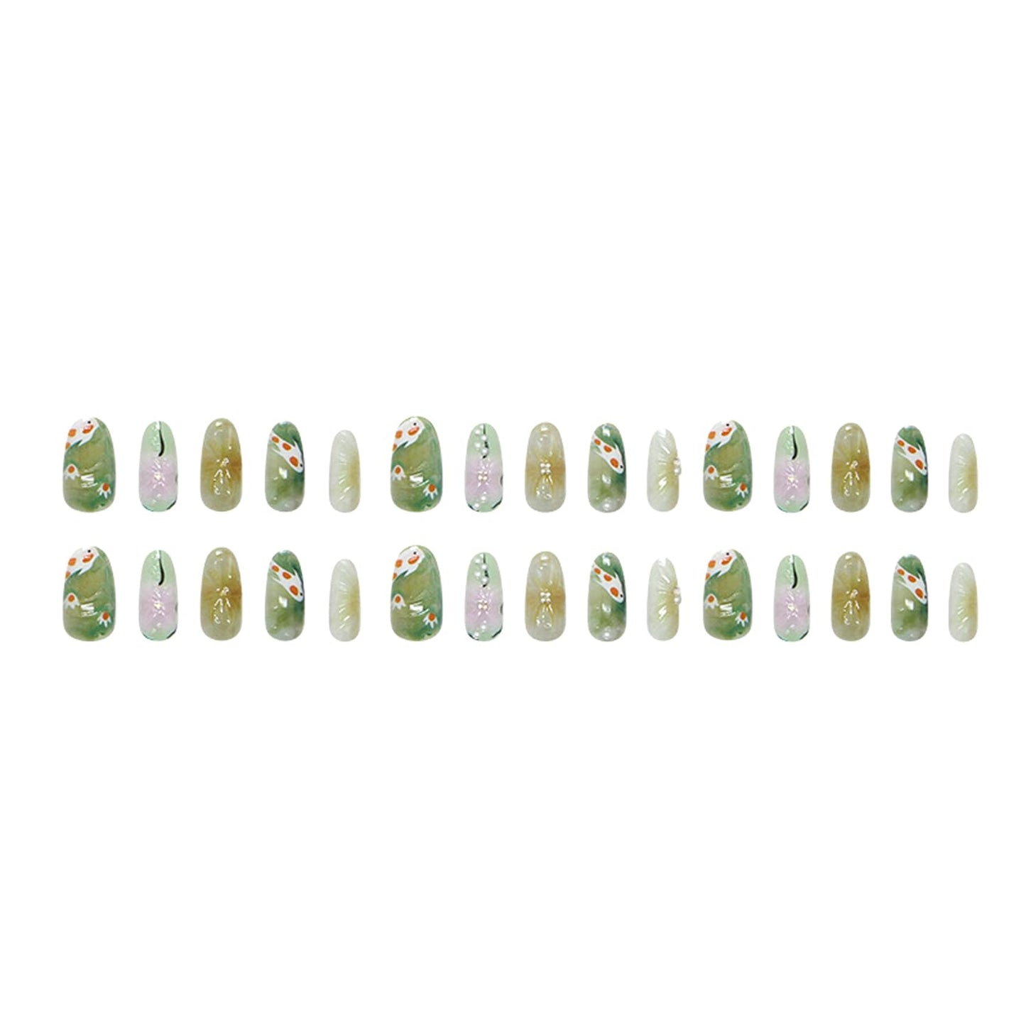30Pcs Flower Press on Nails Medium Almond Fake Nails Press on 3D Pearl Design Koi Fish False Nails Green Smudge Glossy Full Cover Cute Floral Koi Reusable Spring Summer Acrylic Glue on Nails for Women