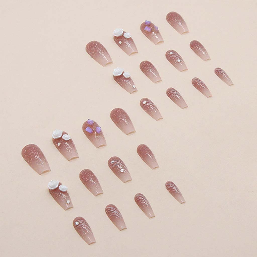 RikView Coffin Press on Nails Long Acrylic Nails with 3D Flowers Pink Fake Nails Glossy Nails for Women 24 PCS/Set