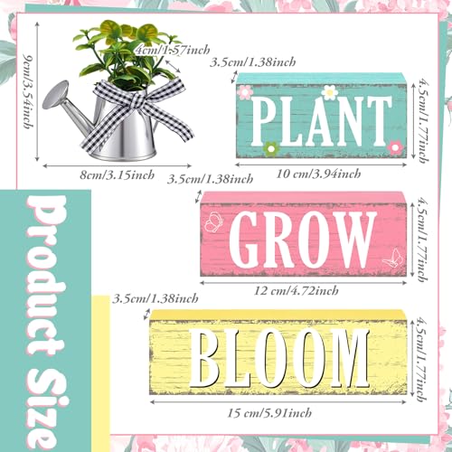 GlikCeil 4 Pcs Spring Table Decoration Spring Tiered Tray Decor Plant Grow Bloom Wooden Kettle Block Sign Farmhouse Rustic Table Decor Wood Tabletop Centerpiece for Home Desk Kitchen Shelf Decors - style: Spring