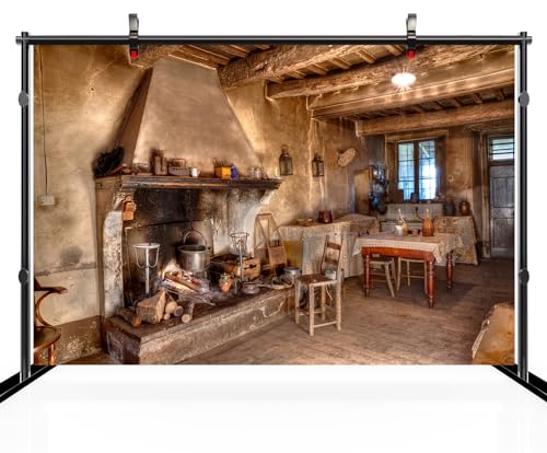 15x10ft Old Farmhouse Kitchen Backdrop Western Old Wooden House Kitchen Interior Rustic Background Rural Farmhouse Fireplace Cooking Background Farmers Cowboys Portrait Photo Props - size: 15x10ft
