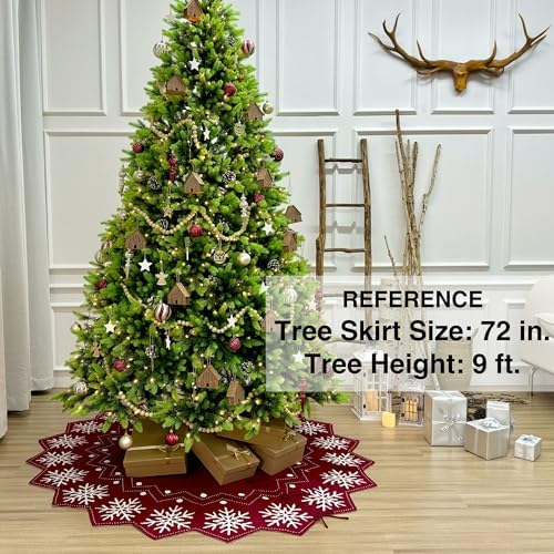 72-Inch Reversible Knit Tree Skirt with Christmas Star–Inspired Pointed Edge Border and Lace-Up Closures, Machine Washable Thick Acrylic Yarn, Burgundy & White