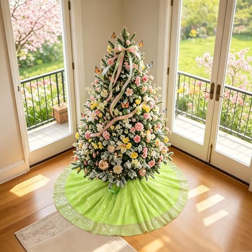 Green Tree Skirt 48'', Fluffy 3-Layer Tulle Tree Rug with Gold Star Sequins
