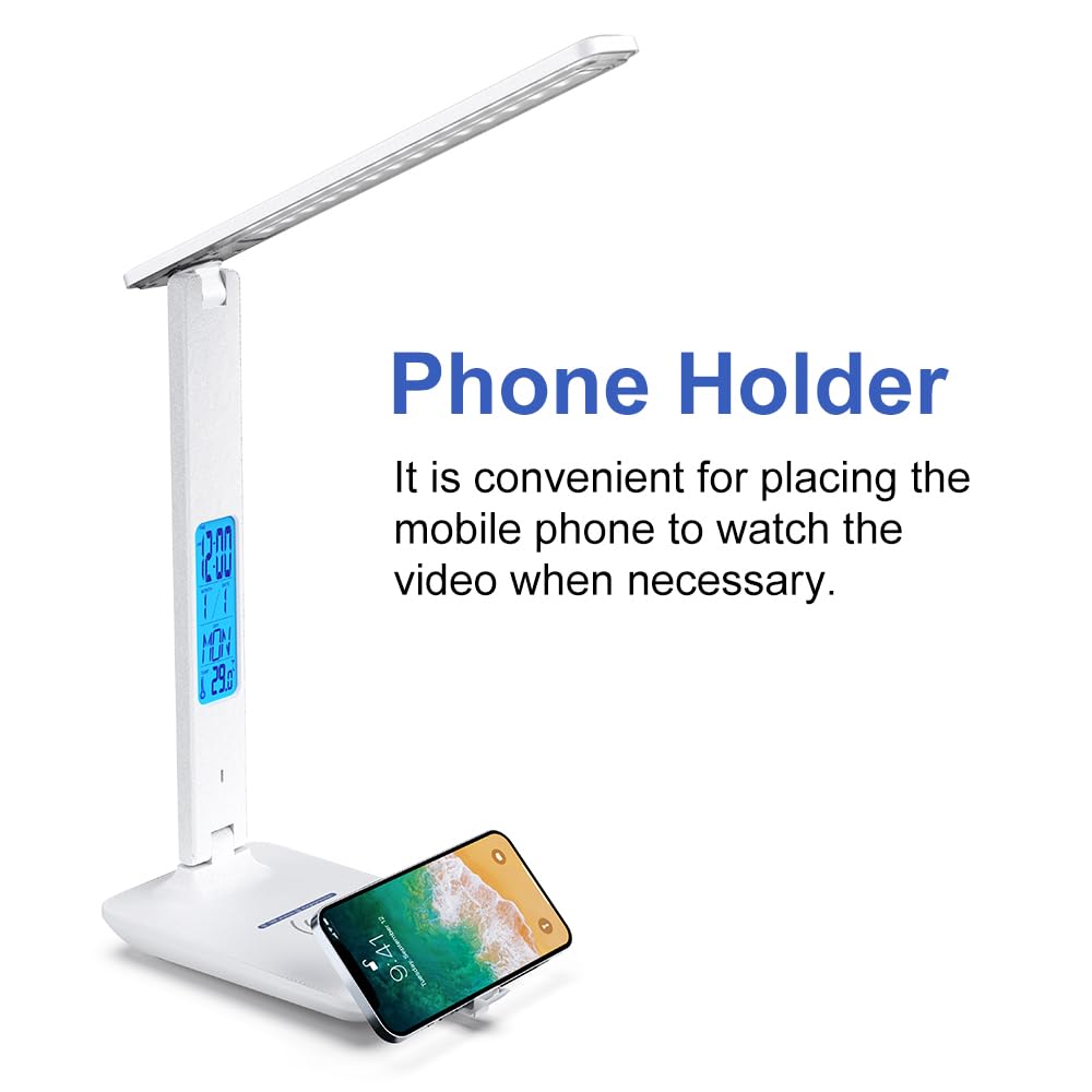 wanjiaone Multifunctional LED Desk Lamp with Wireless Charger,USB Charging Port,Clock,Phone Holder,Desk Lamps for Home Office,Eye-Caring Reading Lamp,Study Lamp for Boys,Girls,Teens,White