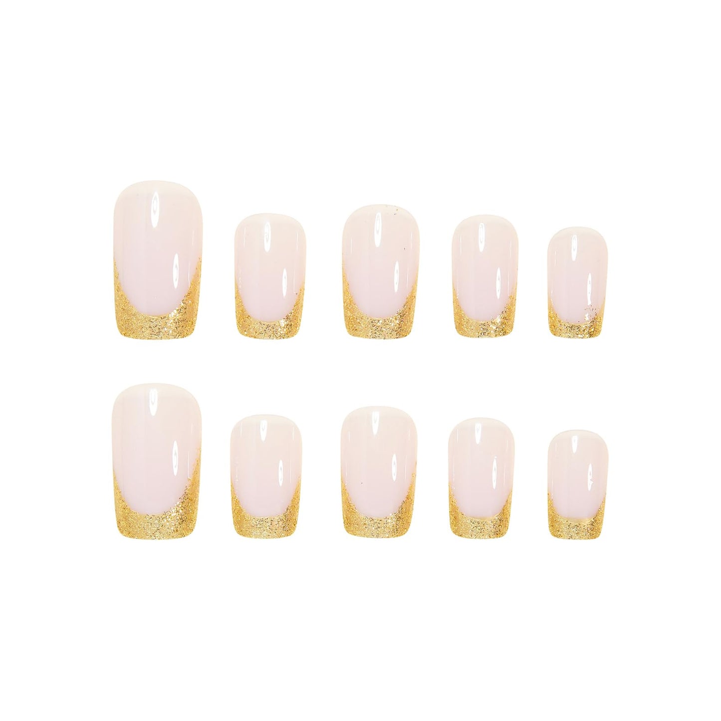 MISUD Press on Nails - Short Square Fake Nails with Bling Gold Glitter, Acrylic French Tip Design 24 pcs