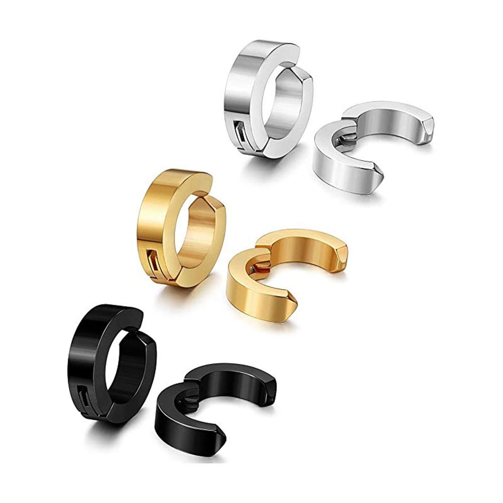 3 Pairs Non-Piercing Earrings for Mens Womens Stainless Steel Clip On Hoop Earrings