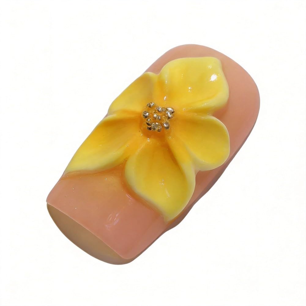 Vokupoga Square Press on Nails Handmade Medium French Tip Fake Nails with 3D Flower Designs Glossy False Nails for Women 10Pcs(Size M)