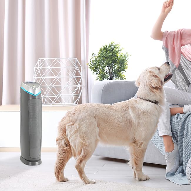 GermGuardian 5-In-1 HEPA Air Purifier for Home, Large Rooms Up To 915 Sq. Ft. with HEPA Pet Air Filter, UV-C Light & Odor Reduction, AC5250PT, 28" Tower, Gray