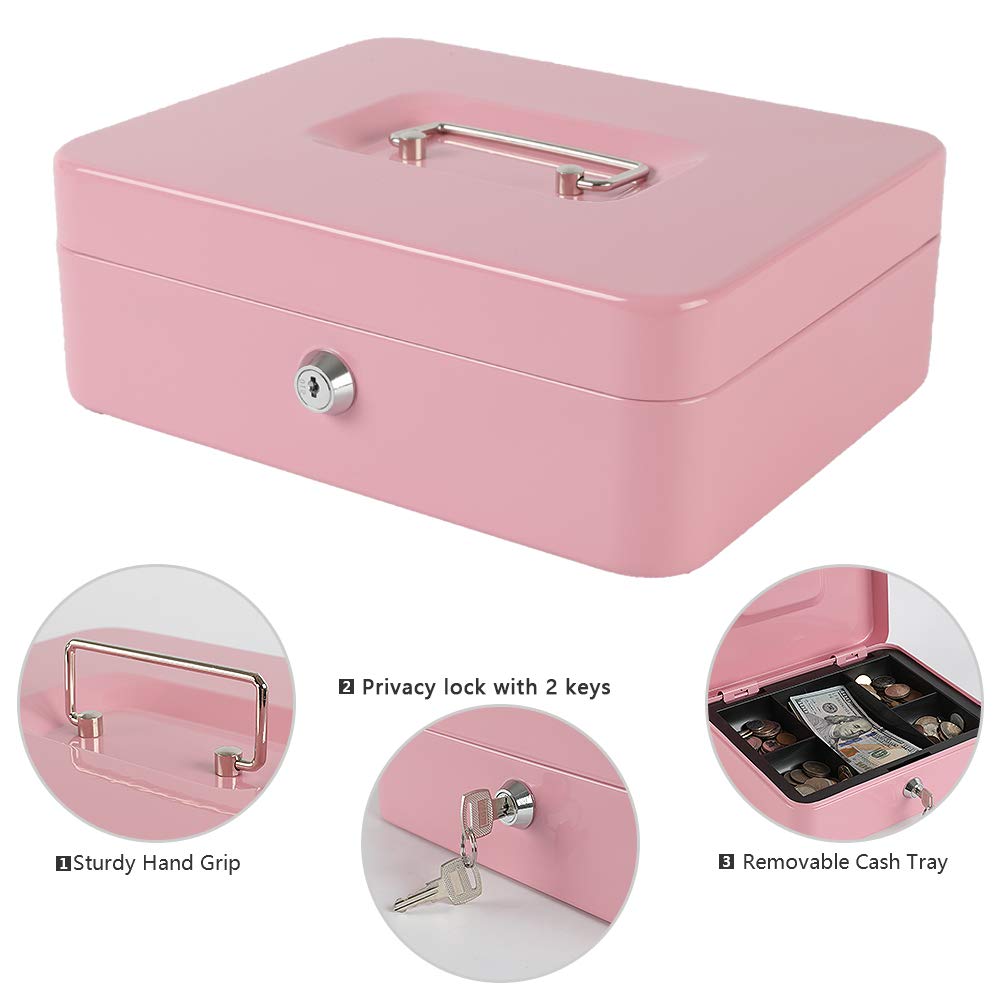 xydled Locking Steel Large Cash Box with Removable Coin Tray and Key Lock,9.84"x 7.87"x 3.54",Pink