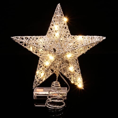 Emopeak 20 LED Christmas Tree Topper, 8 x 10 Inch Indoor Iron Art Star Treetop Light, Two Modes (Keep Light ON/Flash) (Silver, 8"/20CM)