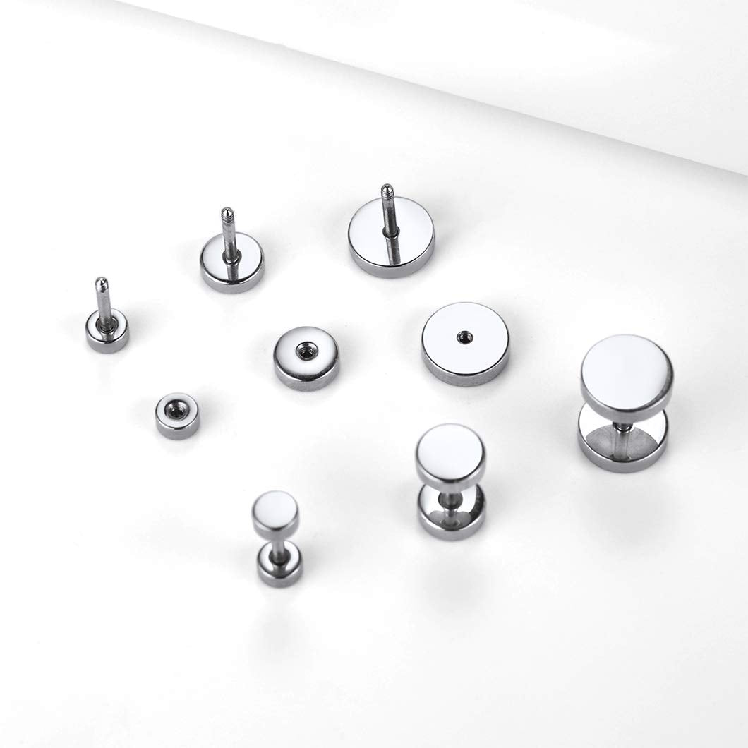 Stainless Steel Round Stud Earrings Set Ear Piercing Plugs Tunnel Men Women Hip Hop Style Jewelry