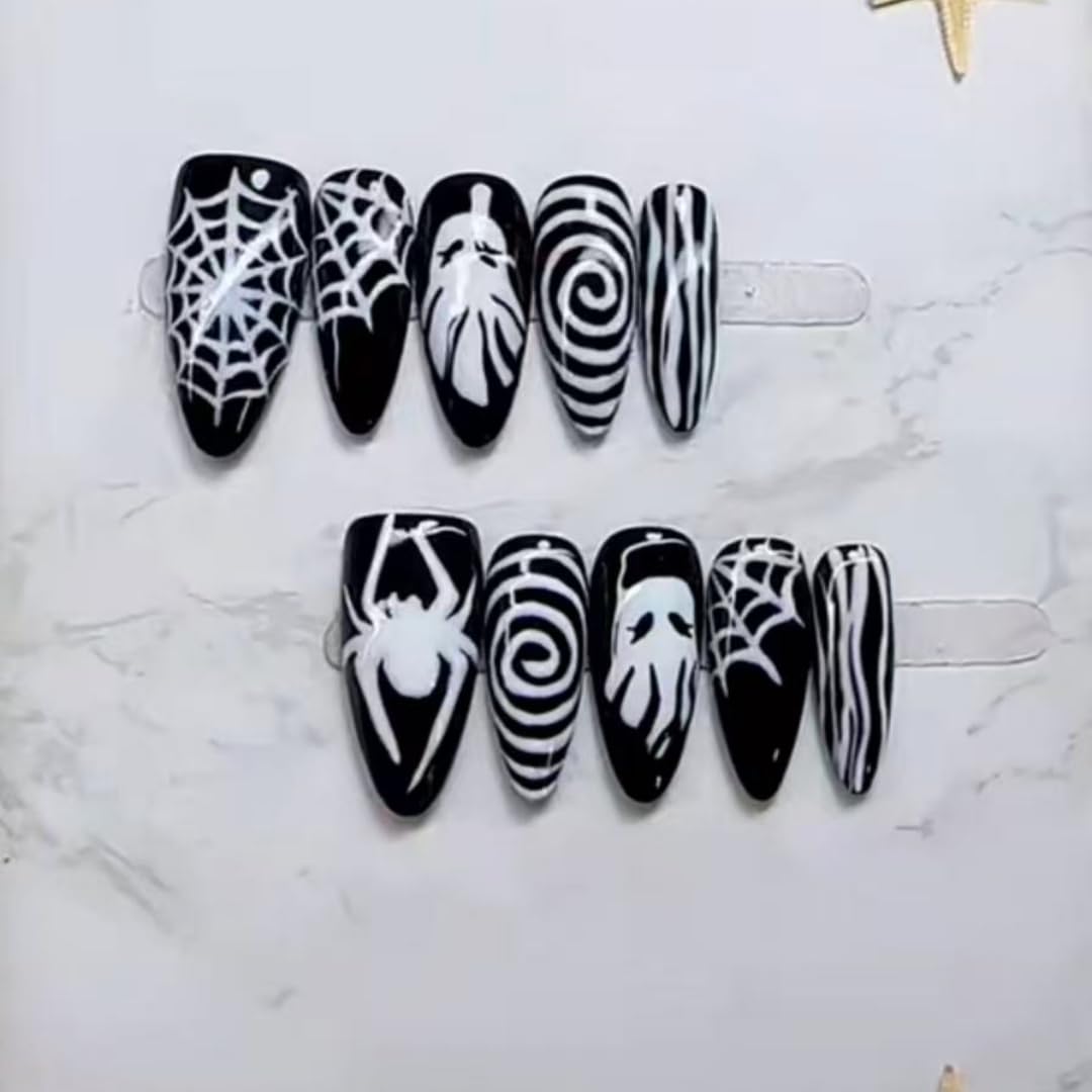 Handmade Press on Nails Halloween Horror Ghost Press on Nails Long Pointed Fake Nails Black White Stripe Spider Web Art Designs Full Cover Glue on Nails Glossy Reusable False Nails 10Pcs (MT-147-L)
