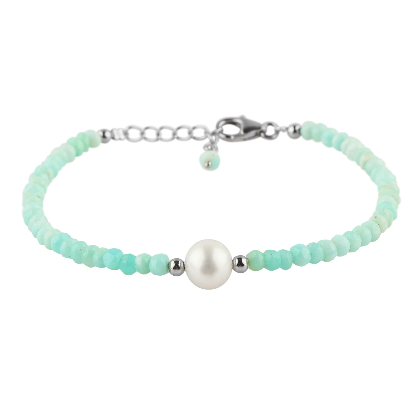 CRYSTALIS Natural Peruvian Opal Beads Adjustable Bracelet with Elegant Pearl, High Grade Gemstones, Chakra Healing Stones, Gift Giving Jewelry, 925 Sterling Silver Womens Bracelet 8 inch