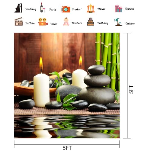 Meditation Relax Backdrop 5x5ft Bamboo Zen Stone Candle Water Woodiness Floor, Dessert Table Banner Decoration Background Studio Photography Props BJOKPH0024 - size: 5x5ft