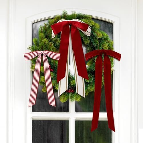 Suncalla 8 Pcs Christmas Wreath Bows Farmhouse Stripe Velvet, 13.8-17.7 in