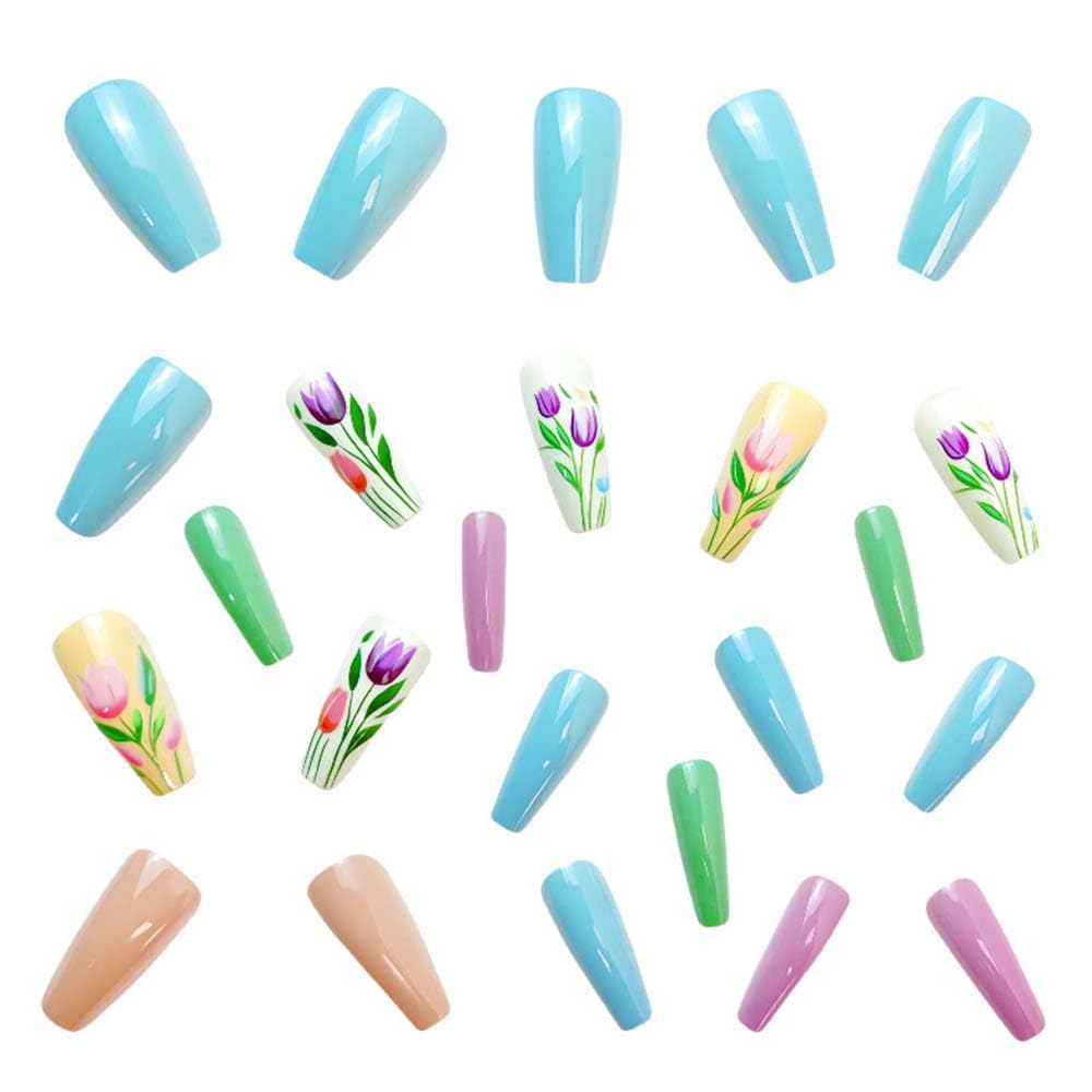 Long Press On Nails Coffin Fake Nails Flower False Nails With Tulip Design Blue Acrylic Full Cover Artificial Glossy Glue On Nail Summer Stick On Nail For Women Spring Manicure 24pcs