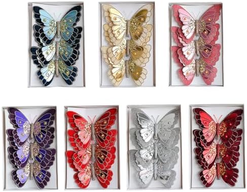 LEBETE Pack of 3 Double Layer Butterfly Christmas Tree Clips Accessory Elegant Fabric Ornaments for Holiday Decorations