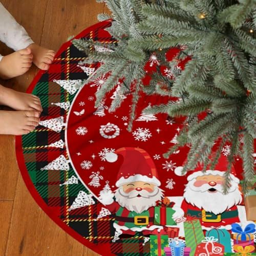 Christmas Tree Skirt 36in, Santa Claus Large Red Plaid Christmas Decor for Tree, Xmas Tree Mat for Christmas New Year Holiday Party Decor