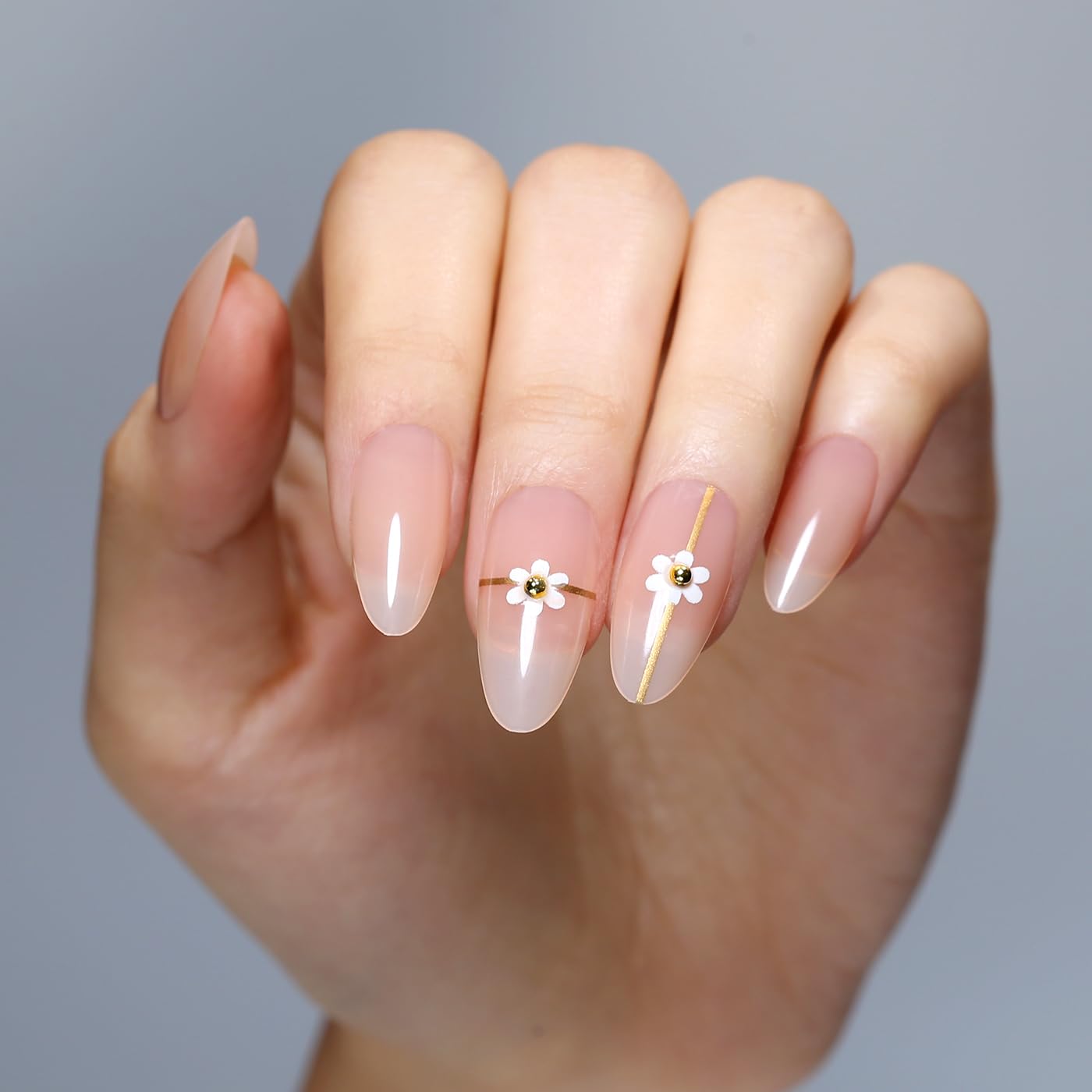 Goolich Milky Nude Press On Nails Medium Almond, Sheer Nude with Bead Floral Neutral Nails Press ons Set with Adhesive Tabs, 24 Pcs 12 Size Reusable Full Cover Glue on Nails for Women