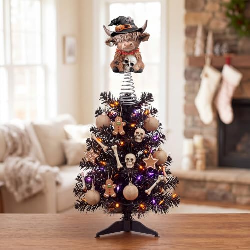 Gejoy Halloween Witch Highland Cow Miniature Tree Topper 5.1 Inches