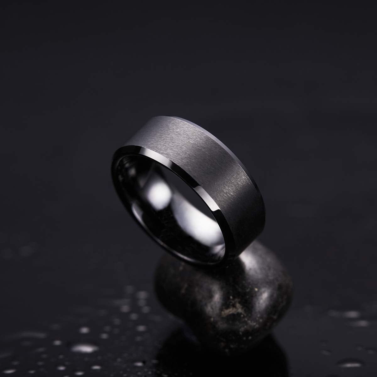 King Will 9mm Men's Black Wedding Ring - Brushed Matte Surface, Beveled Polished Edge, Comfort Fit Size 7