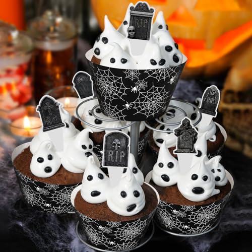 48 Pack Halloween Cupcake Toppers and Black Spider Web Wrappers, Tombstones Skeleton Cupcake Picks Decoration for Halloween Party Birthday Party Supplies - style: Halloween