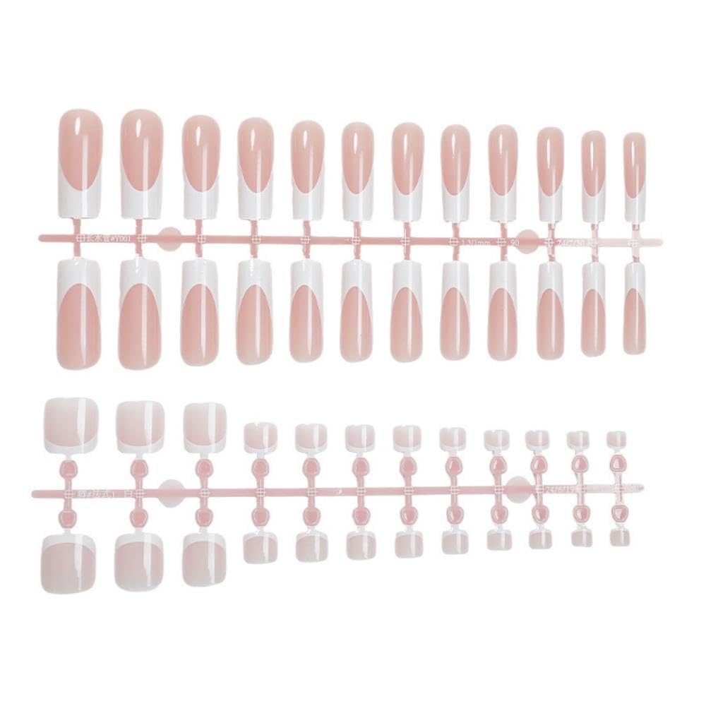 48Pcs White French Tips Press on Nails Nude Pink Press on Toenails Medium Long Square Glue on Nails with Designs Full Cover Skintones False Nails Glossy Summer Fake Toenails for Women DIY Manicure