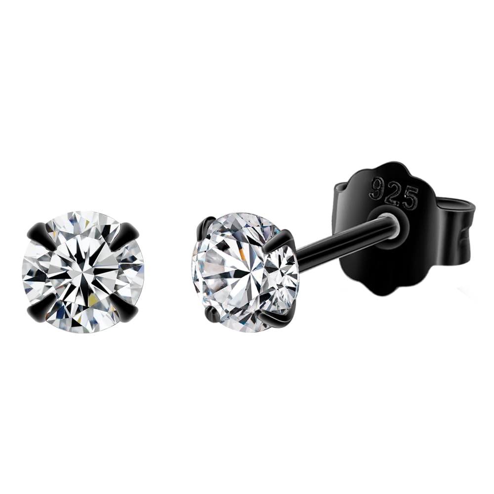 Black Hoop Earrings Sterling Silver Stud Earrings for Men Women 6 Pairs Hypoallergenic Tiny Cubic Zirconia Stud Set Cartilage Hoops 6mm 8mm 10mm