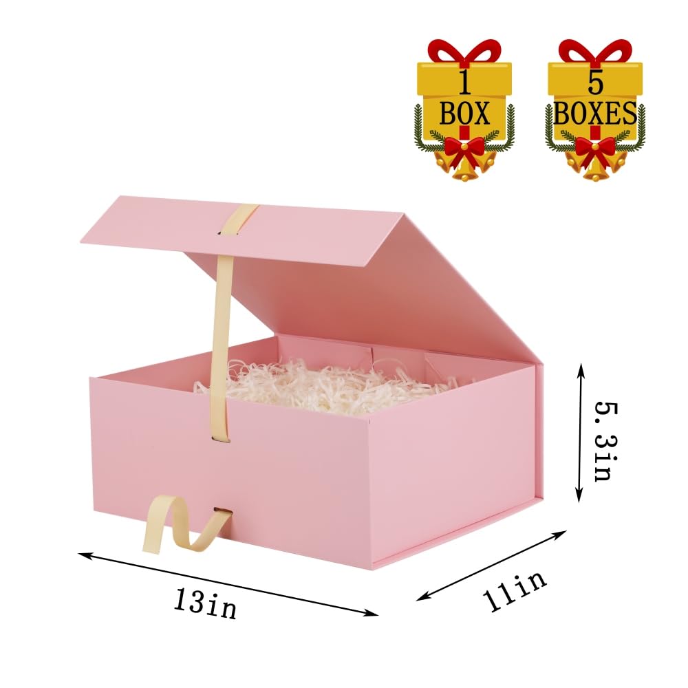BoxSkivra Large Gift Boxes with Lids 5 Pack 13X11X5.3 Inch Large Pink Gift Box with Ribbon Foldable Gift Boxes for Presents、Graduation、Birthdays、Valentine's day、Shredded Paper for Gift Box with Cards