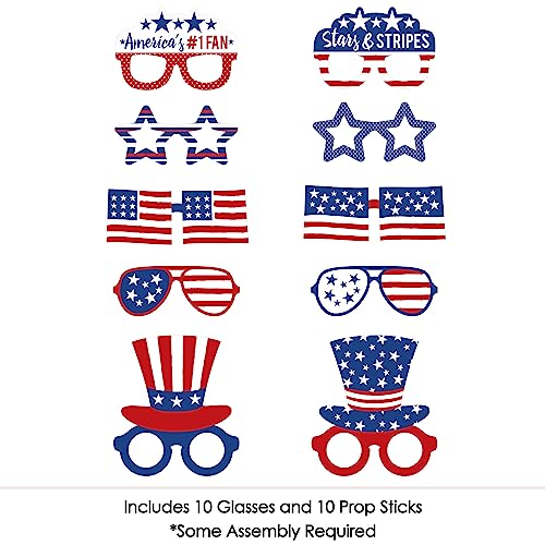 Big Dot of Happiness Stars and Stripes Glasses - Paper Card Stock Patriotic Party Photo Booth Props Kit - 10 Count