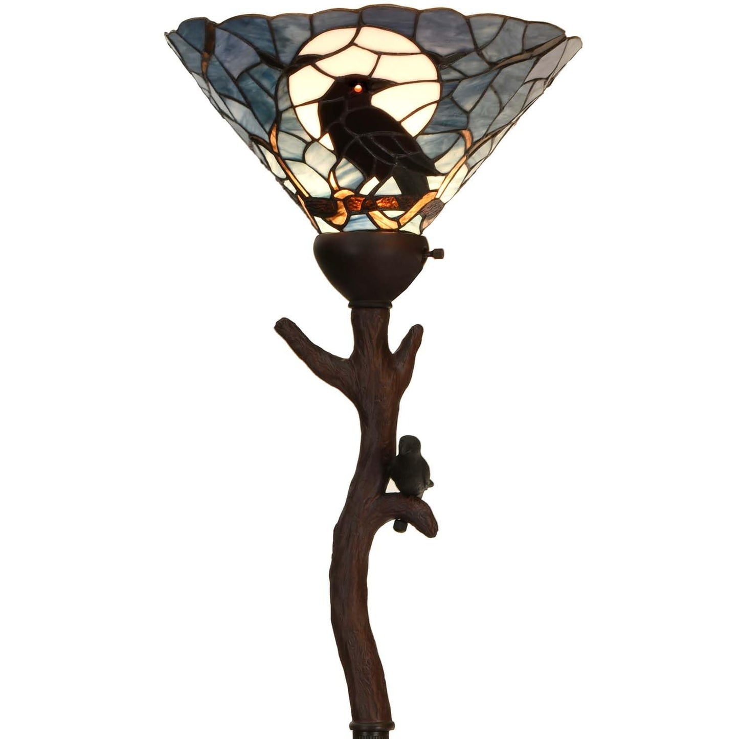 Bieye L10959 Raven Sitting on Bare Tree Branch in Full Moon Night Tiffany Style Stained Glass Torchiere Floor Lamp for Halloween Decor (Dark Blue)