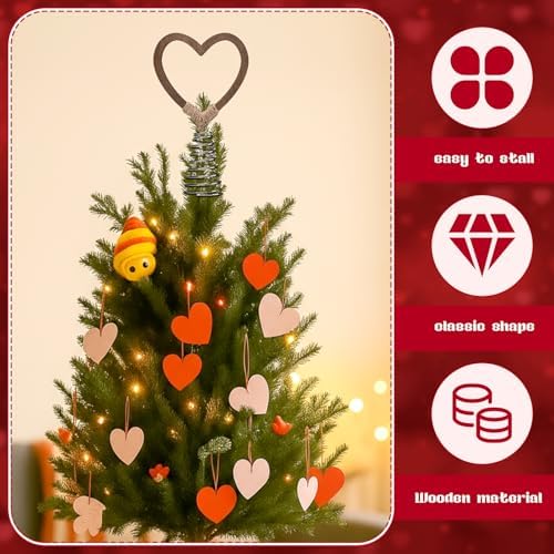 Gejoy 5.5 Inch Mini Wood Valentine's Tree Topper Natural Heart Tree Topper, Farmhouse Rustic Wooden Heart Ornaments for Valentines Day Decoration Couple Gifts