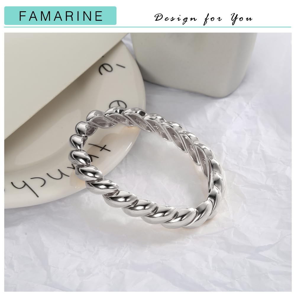 FAMARINE Silver Chunky Bracelet Twisted Bangle Bracelet for Women, Minimalist Wide Charm Bangle Bracelets