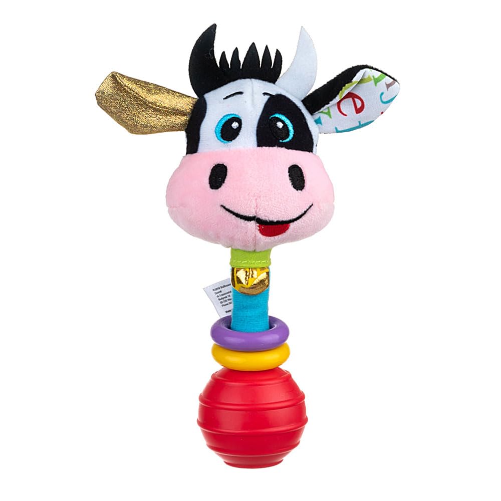 Balibazoo Clara The Cow Plush Baby Rattle & Teething Stick - Newborn Rattle Toy for 0-18 Month Babies | Soft Stuffed Cow with Bell, Easy-Grip Handle | Sensory Developmental Infant Rattle