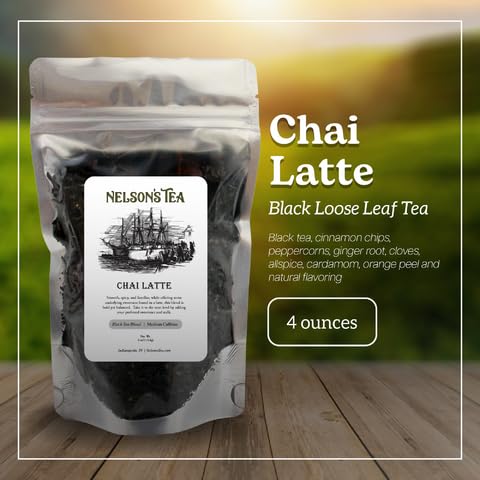Nelson's Tea Chai Latte - Full-Bodied Black Tea with All-Natural Flavoring - with Spicy Chai blend with Cinnamon Chips, Peppercorns, Ginger Root, Cloves, Orange Peel - Underlying Sweetness - 4oz