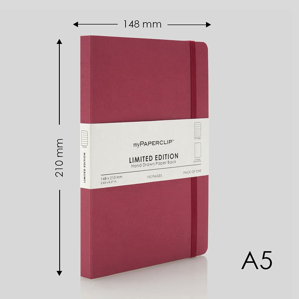 myPAPERCLIP Limited Edition A5 Ruled Notebook | 192 Pages, 100 GSM, Soft Cover, A5 (5.83 × 8.27 in) | Flat Lay | Bookmark & Elastic Closure | Raspberry
