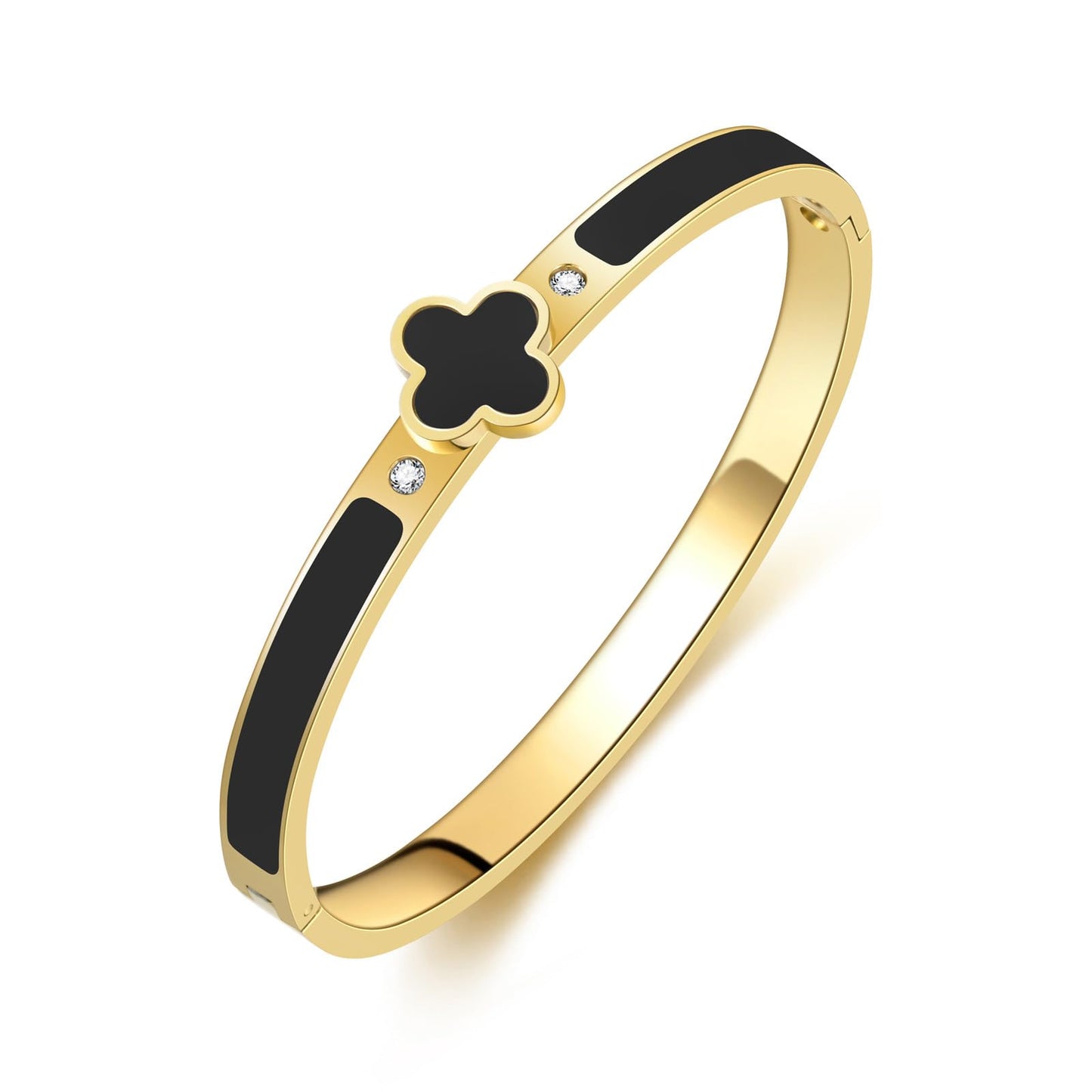 KYJAC 18k Gold Plated Stainless Steel Four Leaf Clover Bracelet for Women - Non-Tarnish, Precision Polished Chunky Oval Bangle in Black, White, Pink, Red Clover Bangle