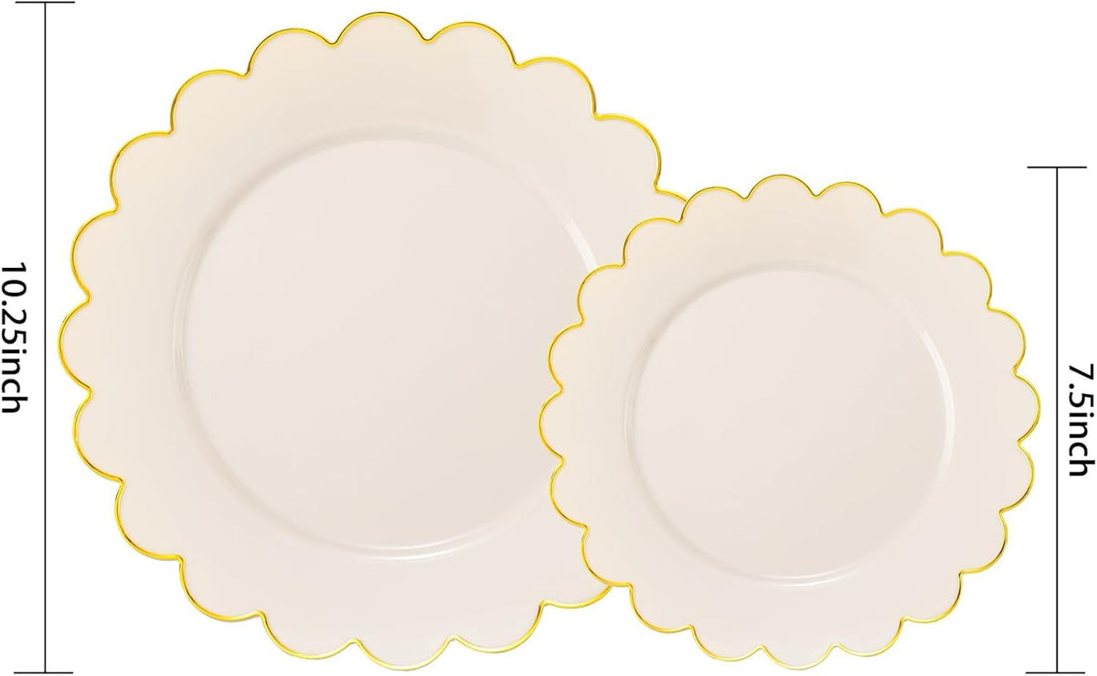 LIYH 60 Pcs Ivory and Gold Scalloped Plastic Plates - Disposable Fancy Combo Plates Includes 30 Dinner Plate 10.25" and 30 Dessert Plate 7.5" Plastic Heavy Weight Party Tableware Dishes