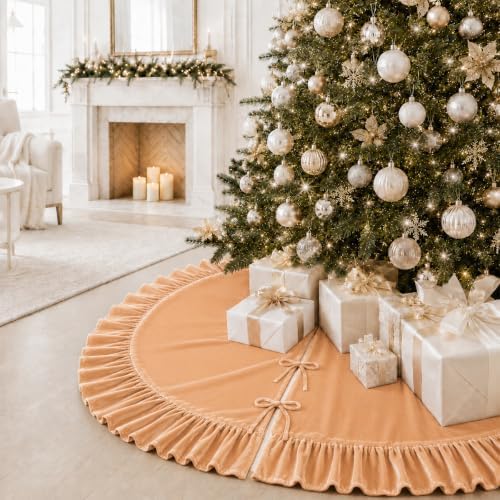Christmas Tree Skirt,Velvet Tree Skirt with Ruffled Edge, Classic Large Velvet Fur Plush Tree Skirt for Merry Christmas(Khaki,48Inch)