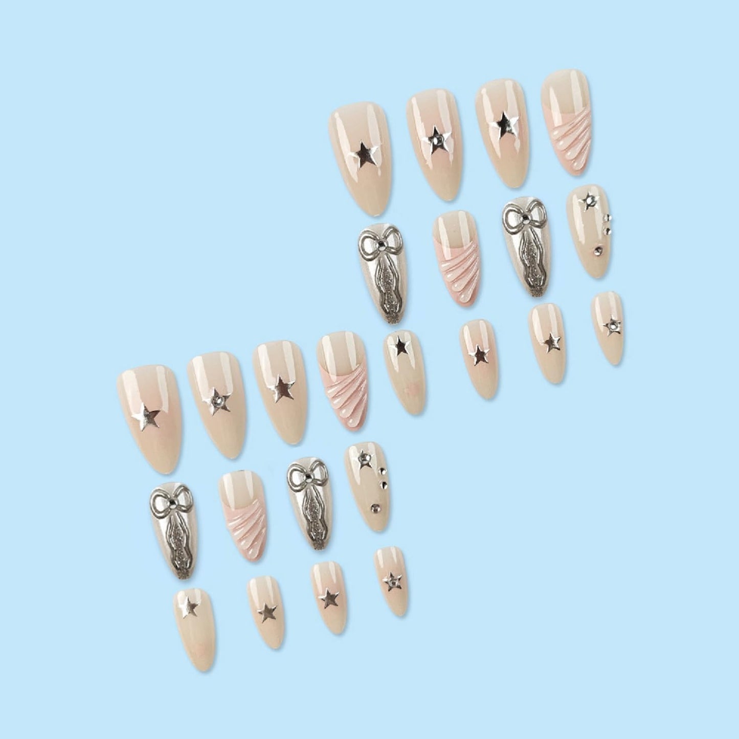 Almond Press On Nails Medium Fake Nails Bow With Star Rhinestone Design French Tip False Nails Full Cover Acrylic Nails Artificial Reusable Glue On Nail Stick On Nail For Women Manicure Art 24pcs