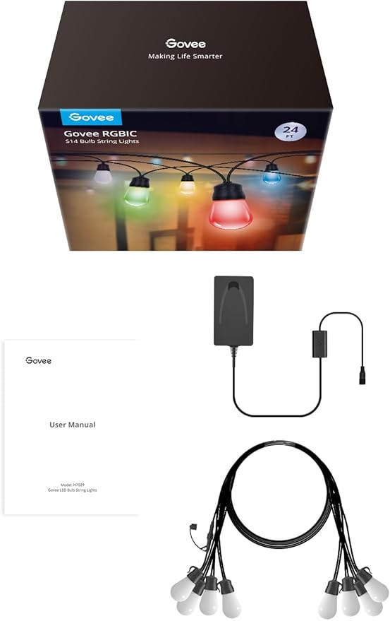 Govee Smart Outdoor String Lights H7029, 24ft RGBIC Outdoor Lights with 8 Dimmable LED Bulbs, IP65 Waterproof, Color Changing Warm White Lights with 47 Scene Modes for Patio, Backyard, App Control