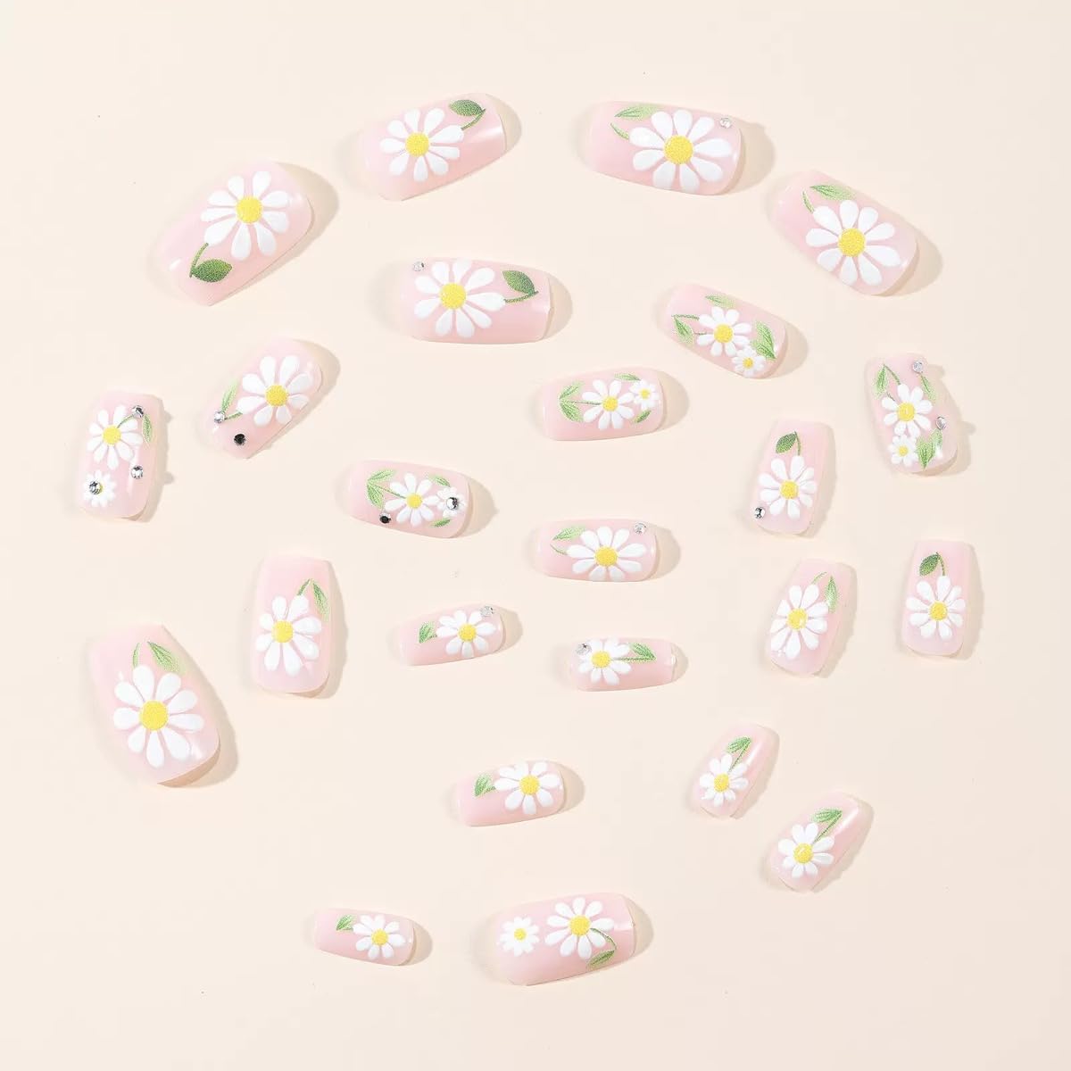 CTTHNBD Square Press on Nails - Medium Fake Nails with Daisy Design - Summer, Flower False Nails Press ons - for Women 24 Pcs