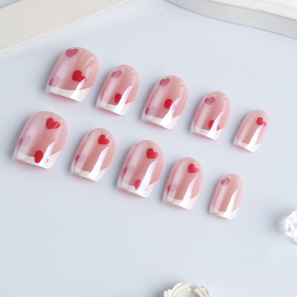 Valentine French Tip Press on Nails Short Square Fake Nails with Heart Designs Chrome False Nails Gradient Glossy Full Cover Glue on Nails Valentine Acrylic Nail for Women 24Pcs