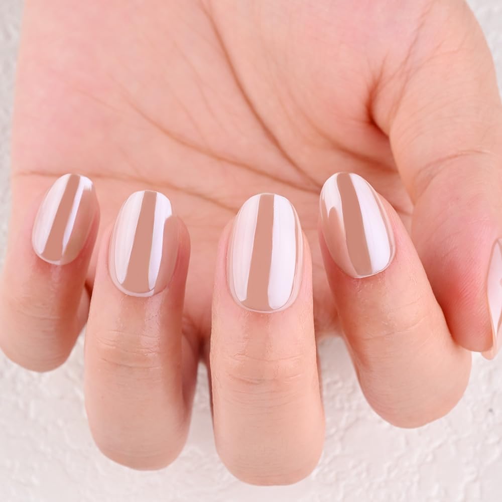 evpct Pale Nude Glazed Press on Nails Short Oval, Short Oval Chrome Metallic Aurora Stick on Nail for Women, Reusable Full Cover Soft Press on Fake Nail Perfectly Fit with Glazed Design Salon Quality