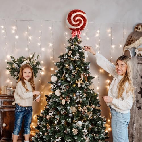 Gejoy Christmas Tree Topper Red Peppermint Candy Cane Bow Tree Topper 10.7 Inch Red and White Sparkling Candy Lollipop Xmas Toppers Christmas Ornament Decorations for Holiday Decor(Classic)