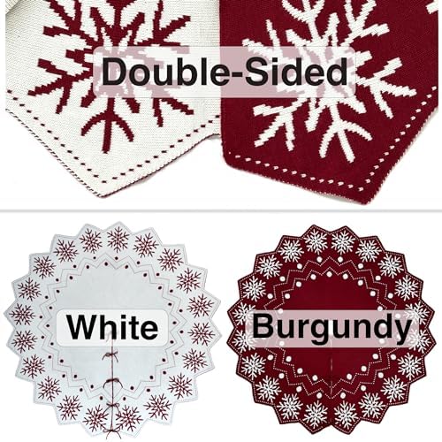 84-Inch Reversible Knit Tree Skirt with Christmas Star–Inspired Pointed Edge Border and Lace-Up Closures, Machine Washable Thick Acrylic Yarn, Burgundy & White