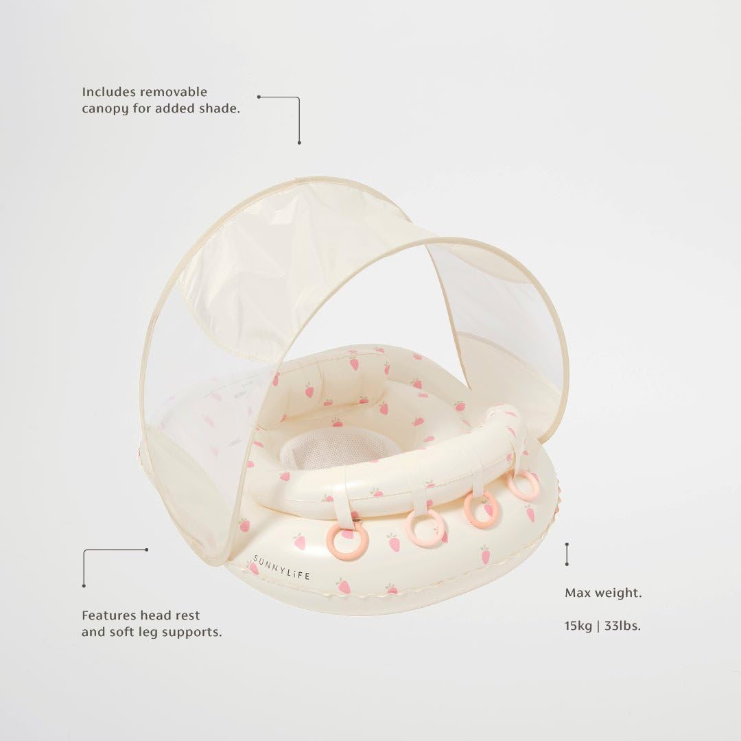 SUNNYLiFE Baby Float with Canopy — UPF40 Infant Pool Float, Adjustable Fabric Seat, 4 Silicone Play Rings | 6-12 Months - Strawberry Sunshine Pink
