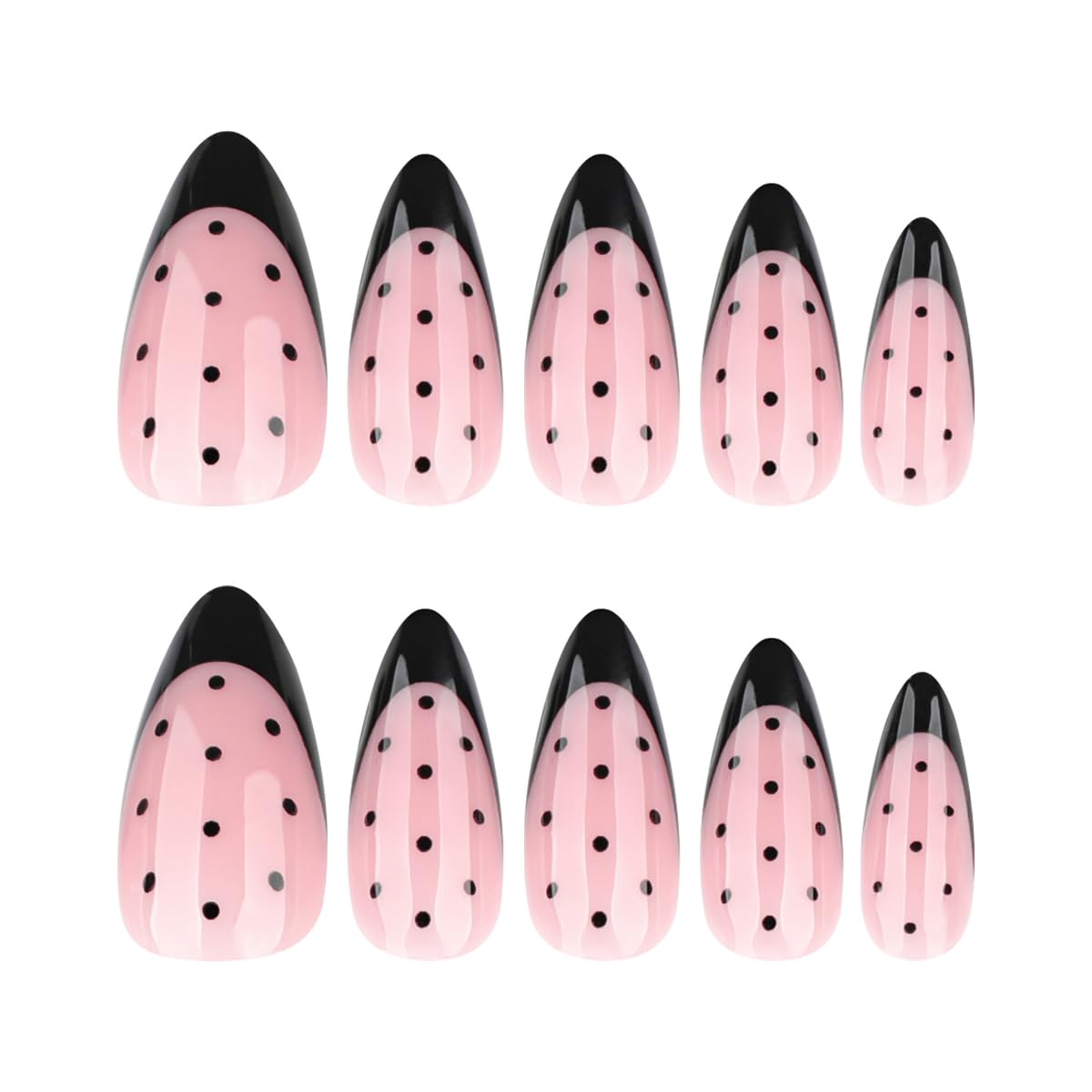 Polka Dot Press on Nails - Medium Almond Fake Nails with Black French Tip Designs False Nails Glossy Glue on Nails Reusable Full Cover Stick on Nails for Women Manicure 24Pcs