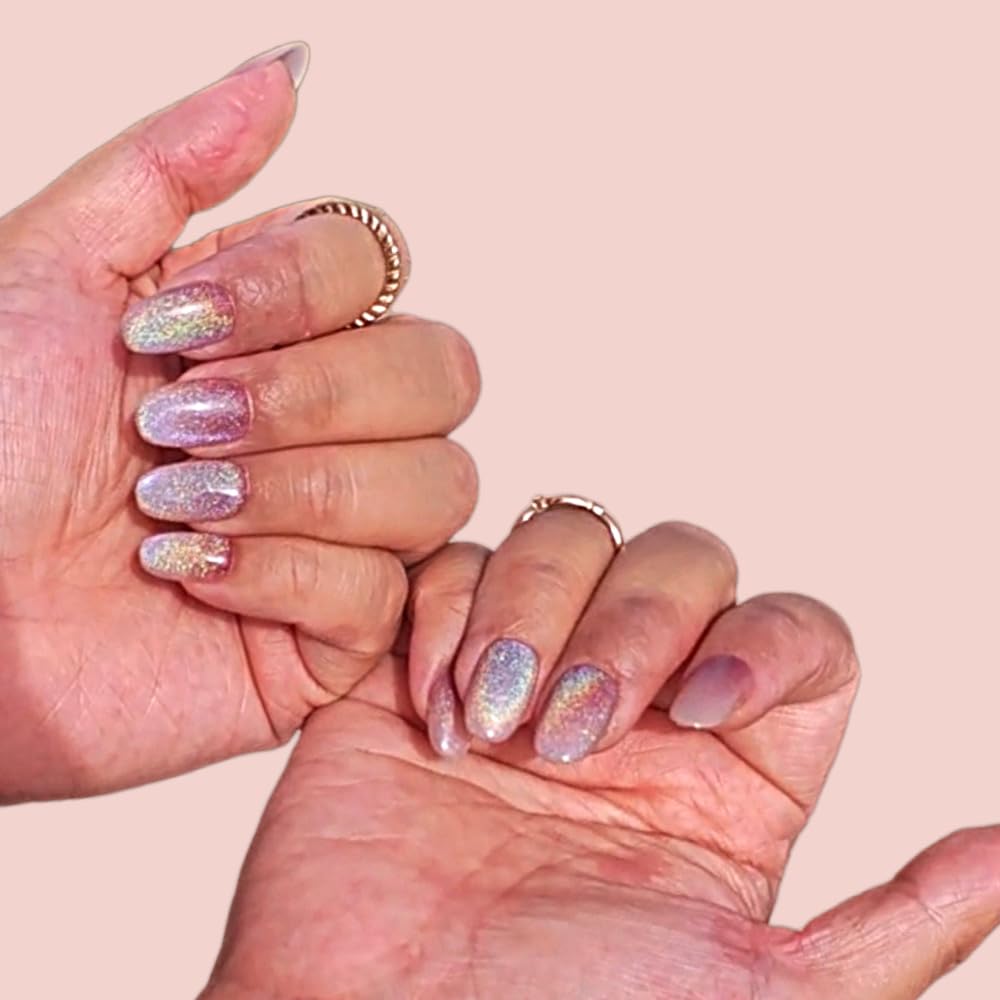 HANAKOKO Handmade 3D Press on Nails, Short Medium Oval Almond Nails, Fake Nails Glitter Cat Eye Nails, Gel Nails, Durable Reusable False Nails, 10 Pcs (Dream Dazzle, M)